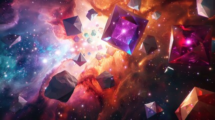 Vibrant geometric shapes floating in a cosmic void of swirling galaxies   AI generated illustration
