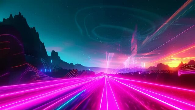 A vivid digital landscape boasts a glowing moon on the horizon, neon lights streaking into the distance, with a retro-futuristic aesthetic. Gaming virtual space in VR