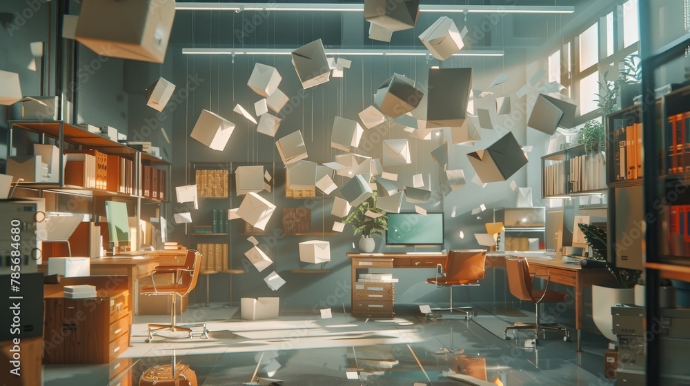 Poster virtual office space with floating objects ai generated illustration