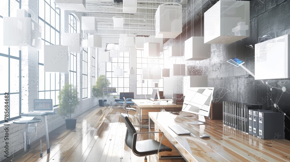 Poster virtual office space with floating objects ai generated illustration