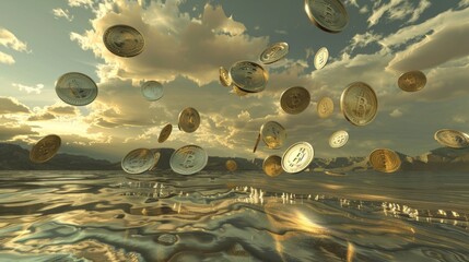 Virtual coins bouncing off invisible walls in a surreal landscape   AI generated illustration - obrazy, fototapety, plakaty