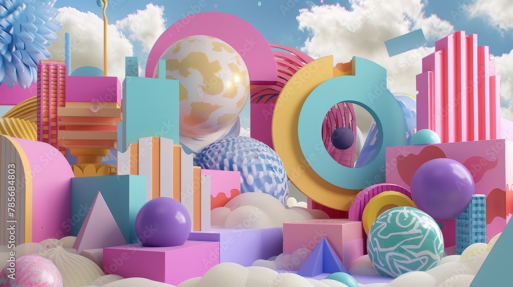 Poster whimsical 3d interpretation of levitating shapes in a psychedelic color scheme ai generated illustra