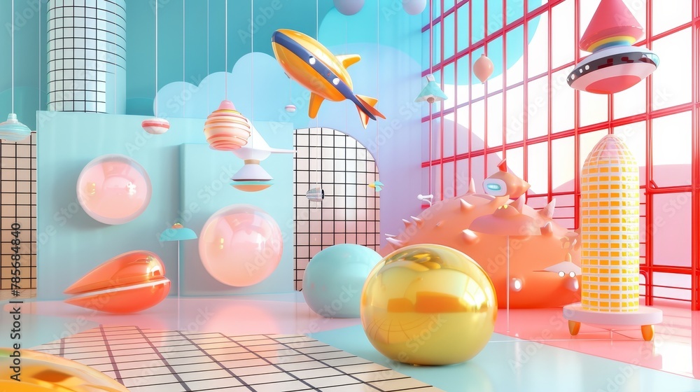 Poster whimsical 3d renderings of flying objects in a memphis-style design ai generated illustration