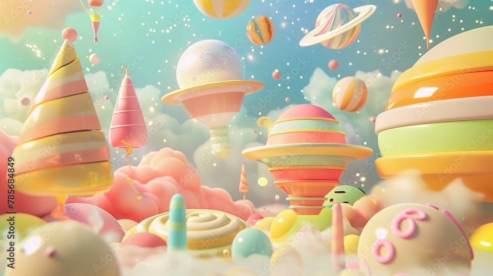 Poster whimsical and cheerful flying objects in a 3d space ai generated illustration