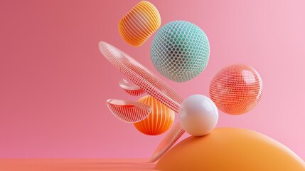 Whimsical 3d interpretation of levitating shapes in a psychedelic color scheme  AI generated illustration