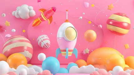 Deurstickers Whimsical and cheerful flying objects in a 3d space   AI generated illustration © ArtStage
