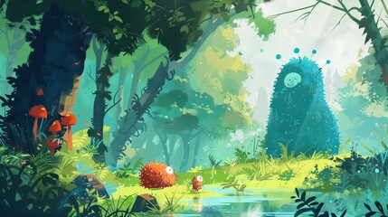 Whimsical characters interacting with the environment   AI generated illustration