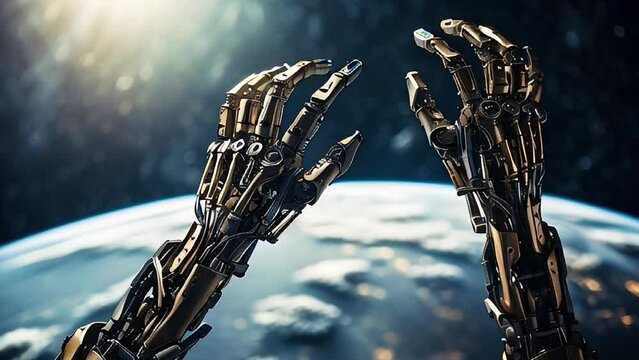Humanoid robot arms in space against the background of the earth. Manipulator