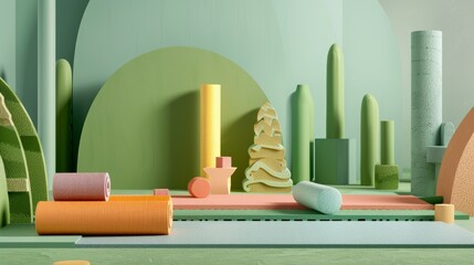 Yoga mats and blocks drifting in a whimsical isolated composition  AI generated illustration