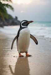 Coastal Solitude: A Gentoo Penguin Adorns the Beach