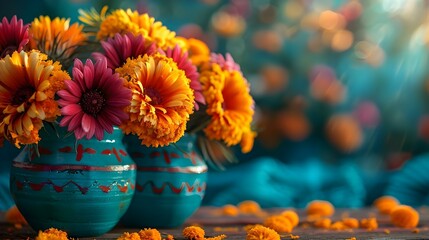 Vibrant Blooms of Remembrance for Dia de los Muertos. Concept Dia de los Muertos, Vibrant Blooms, Ofrendas, Remembrance, Festive Decorations - obrazy, fototapety, plakaty