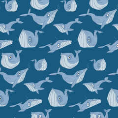 Whale pattern on a blue background, blue and humpback whales in cartoon style