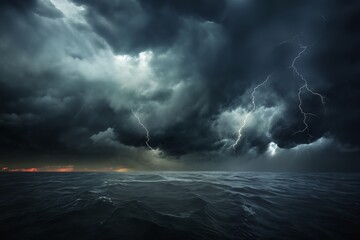 dark dramatic stormy sky with lightning and cumulus clouds over stormy sea with waves for abstract background