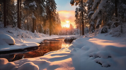 beautiful winter landscape, snow covered forest and brook at sunset, sunlight and beautiful nature