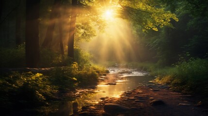 a beautiful summer landscape, a brook in a forest, leaves and grass in a forest glade at sunset, sunlight and beautiful nature