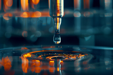 close-up capturing the moment of a single drop of liquid leaving a pipette tip during a biomedical test, symbolizing the crucial step in sample preparation for diagnostic analysis, - obrazy, fototapety, plakaty