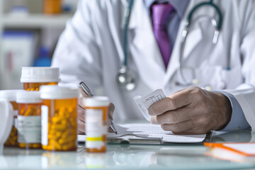 high-quality photo of doctor's role in medication management, with a clear focus on the process of writing a medical prescription,