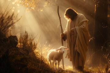 comforting photo of Shepherd Jesus Christ gently guiding a lost lamb with his staff, surrounded by soft light, symbolizing his role as the shepherd who seeks out and rescues the lo