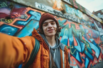 Obraz na płótnie Canvas Happy teenage boy with graffiti taking selfie