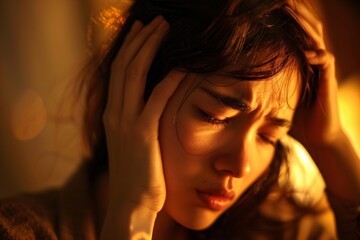 Fototapeta premium Woman holding her aching head, warm lighting, expression of pain 02