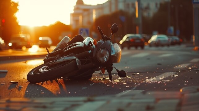 A devastating traffic collision scene showing a damaged motorcycle after a severe accident with a car, highlighting the crash site with debris scattered on the road.