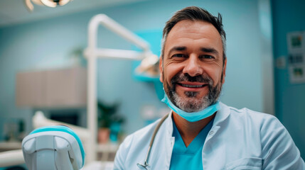Portrait of a male dentist in a treatment room with medical equipment.
