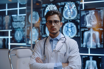 importance of trust in healthcare, with a male medicine professional depicted in a clinic setting surrounded by mock-up displays representing reliability and integrity,