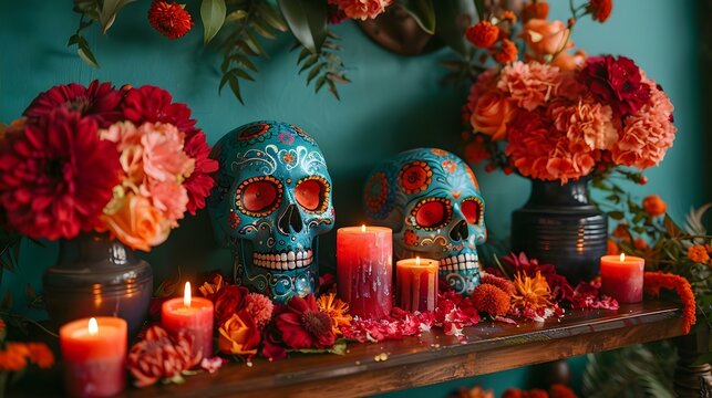 Vibrant Day of the Dead Altar with Painted Skulls and Candles. Concept Celebratory Altar, Festive Decorations, Dia de los Muertos, Painted Skulls, Candlelight Display
