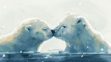 Minimalist Watercolor Illustration of Loving Baby Polar Bears Generative AI - obrazy, fototapety, plakaty