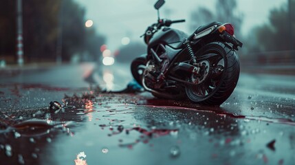 A devastating traffic collision scene showing a damaged motorcycle after a severe accident with a car, highlighting the crash site with debris scattered on the road. - obrazy, fototapety, plakaty