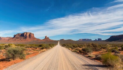 long desolate dirt road path in desert of South West United States of America U.S.A. with Saguaro cactus, mesquite trees and tumbleweeds. blue sky background with clouds. arid climate with no water - Powered by Adobe