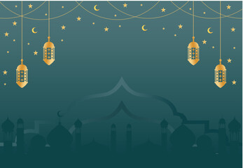 midnight green banner golden mosque Fanus, lanterns stars and moon background Muslim holidays