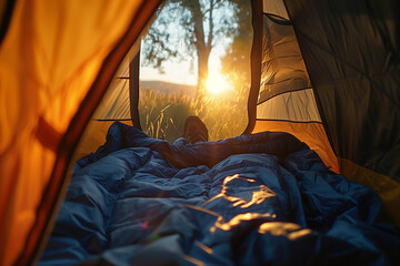 sunrise photo of a camper waking up inside a tent, highlighting the early morning freshness and the promise of a new day during a weekend camping retreat
