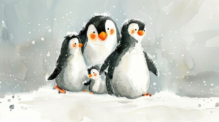 Endearing Watercolor Moment: Mother Penguin Embracing Her Chicks Generative AI