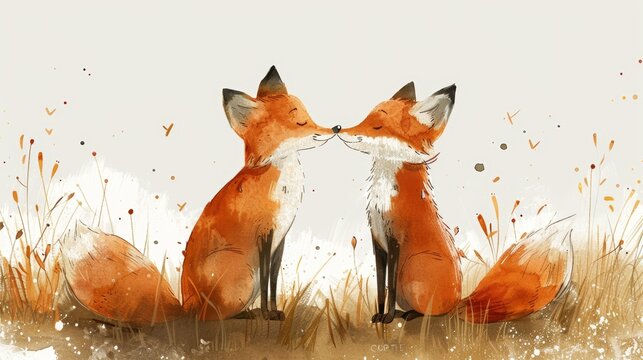 Minimalist Watercolor Loving Red Fox Couple Illustration Generative AI