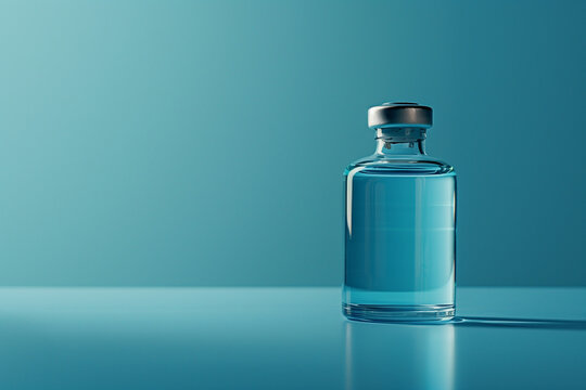 flu shot vial dose of blue liquid on a blue backdrop, symbolizing protection against seasonal illnesses and promoting awareness,