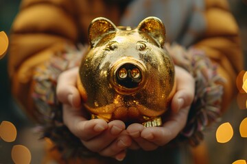 Close-up view hands holding shiny golden piggy bank savings wealth - obrazy, fototapety, plakaty