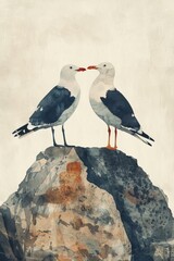 Minimalist Watercolor Childrens Book Illustration of Affectionate Seagulls Generative AI