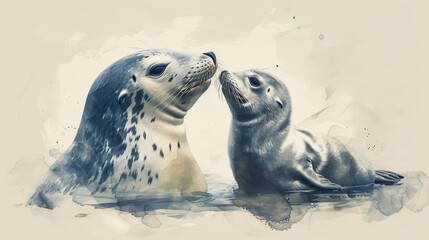 Heartwarming Minimalist Watercolor Illustration of Affectionate Seal Mother and Pup Generative AI - obrazy, fototapety, plakaty
