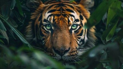 explore wildlife photography with ai: explore a closeup of a cool tiger face on a leaf background