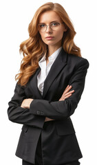 Red-haired woman with glasses in black suit