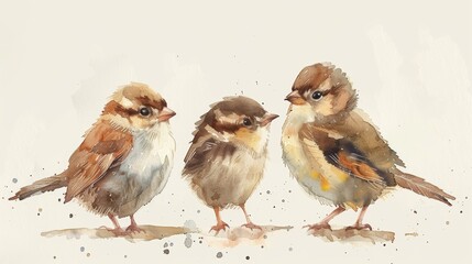Fototapeta premium Playful Watercolor Sparrows: A Whimsical Children's Illustration Generative AI