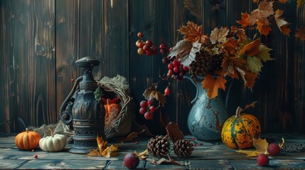 Naklejka premium An evocative autumnal still life, richly composed with seasonal produce and objects, set against a dark wooden background