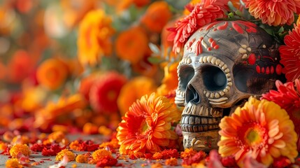 Vibrant Day of the Dead Skull Amidst Marigolds. Concept Day of the Dead, Vibrant Colors, Marigold Flowers, Skull Artwork, Festive Decorations