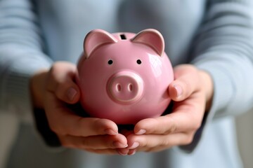 Portrait happy person holding piggy bank hands close-up financial success prosperity 01