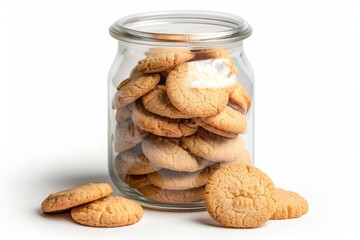 some butter cookies in a glass jar, isolated, white background, photography 