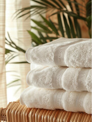 Stacked white towels with a backdrop of green plants and bamboo.