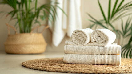 Peaceful home spa scene with towels and indoor foliage in daylight. - obrazy, fototapety, plakaty