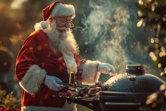 Photorealistic image of Santa Claus barbecuing outdoors, surrounded by summer scenery and barbecue grill 01