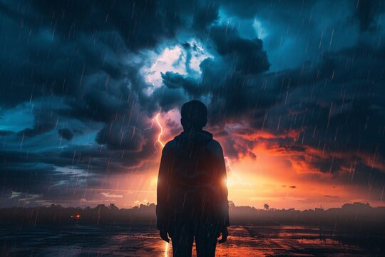 Photo person under lightning storm intense emotion fear awe atmospheric dramatic
